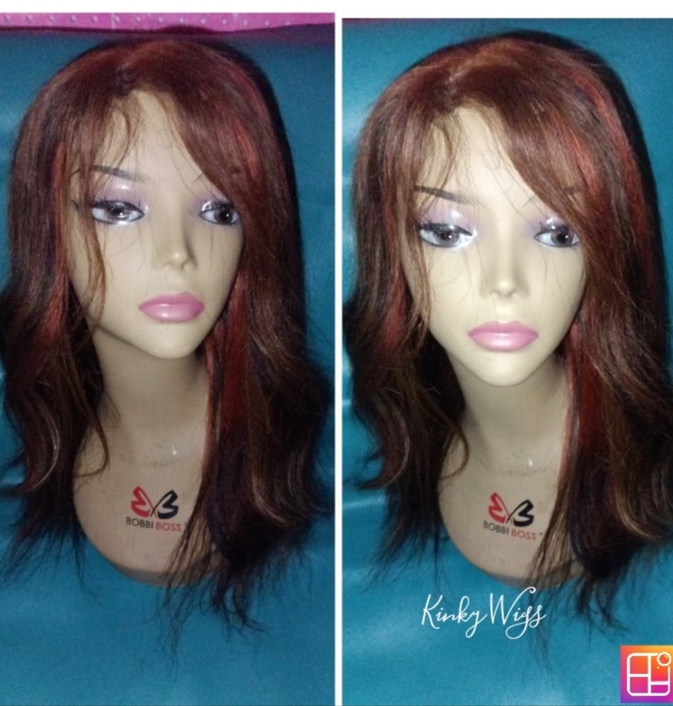 18" Perm Yaki  straight Copper Blonde Highlights Free Part Human Hair Wig